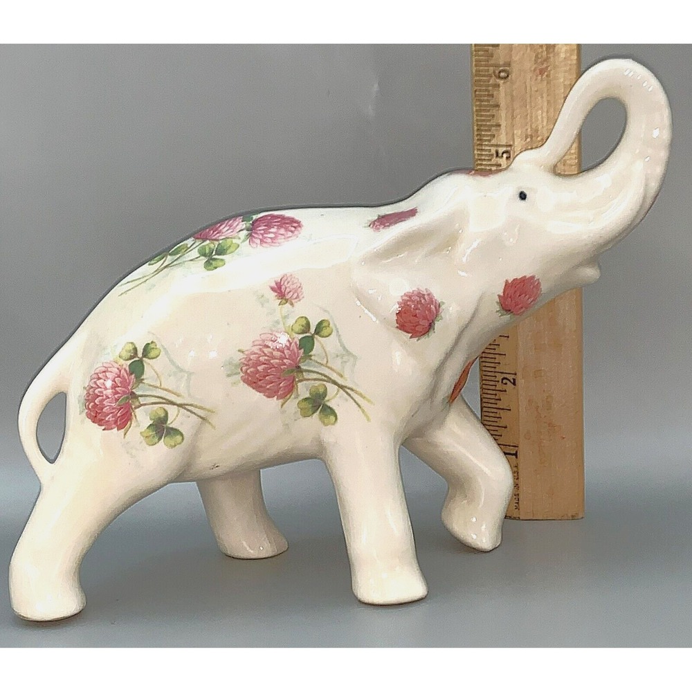 Cottage Granny Core Pink Thistle Flowers ELEPHANT Trunk Up Vtg Figurine 6" x 8" - Picture 12 of 12